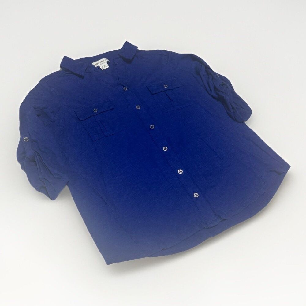 Liz Claiborne Cobalt Royal Blue Roll Tab Sleeve Button Up Shirt Women's Large